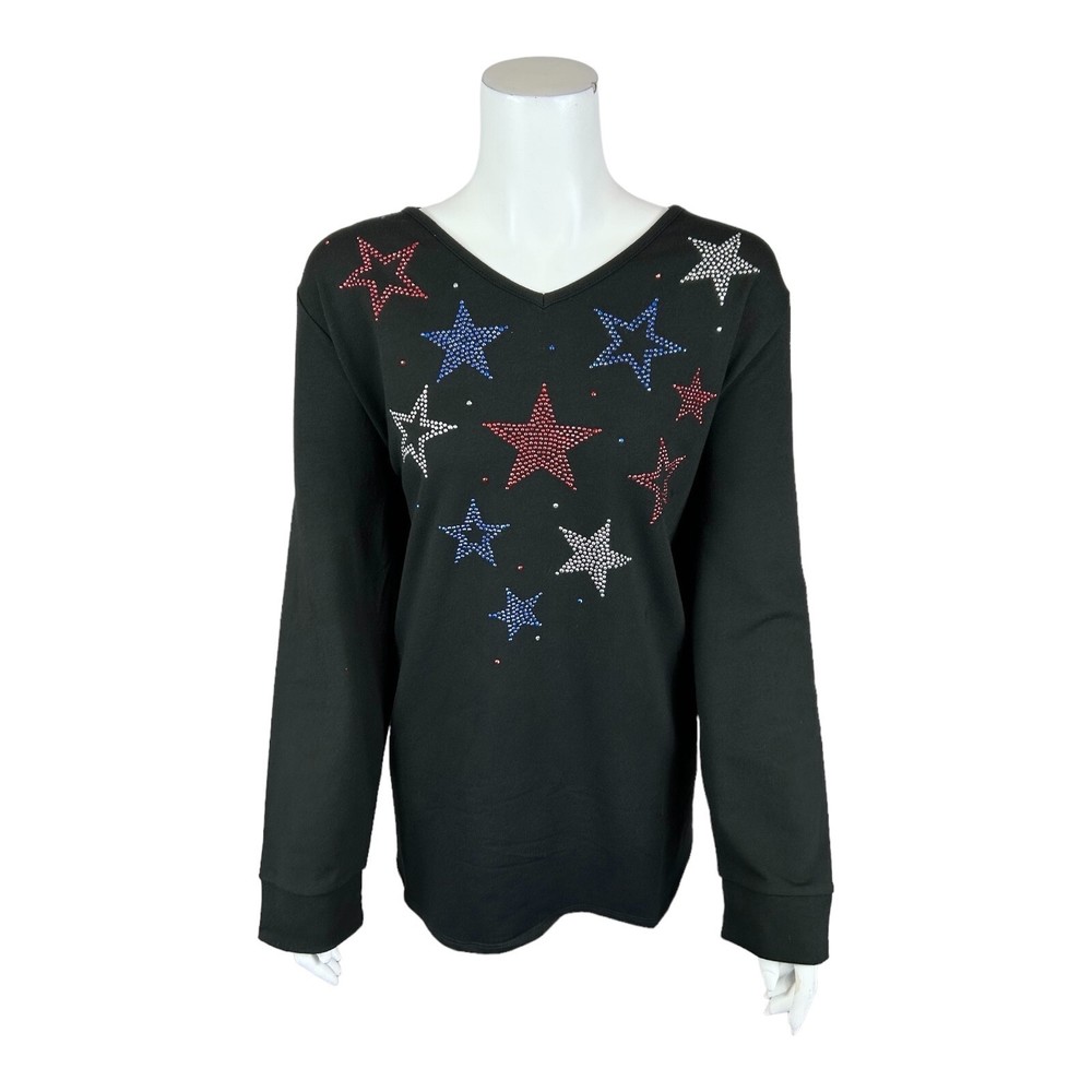 Quacker Factory Star Studded Long-Sleeve V-Neck Sweatshirt Black X-Large Size